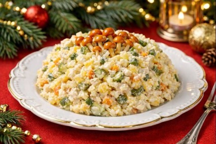 Нежный салат с курицей и грибами в новогодней «грибной корзинке»